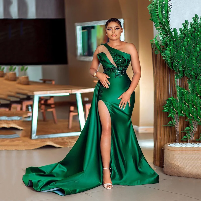 Fashion Green Mermaid Evening Dresses with Overskirt One Shoulder Sequined Prom Gowns Side Slit vestido de novia