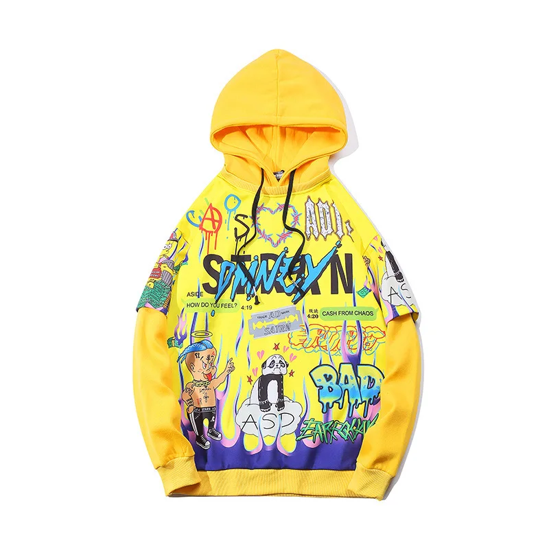 

Fashion Couple Hooded Sweatshirt Pullover Men and Women Hip Hop Cartoon Print Loose Overcoats Personality Fake Two Piece Hoodies