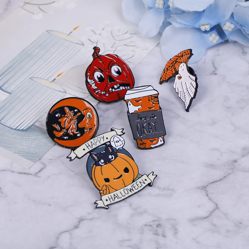 Эмалированная заколка для Счастливого Хэллоуина на заказ кофейная луна призрак
