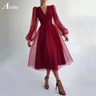 Короткие трапециевидные платья для выпускного вечера, с V-образным вырезом и длинным пышным рукавом, тюлевые официальные свадебные вечерние платья для выпускного вечера, Vestidos De Fiesta