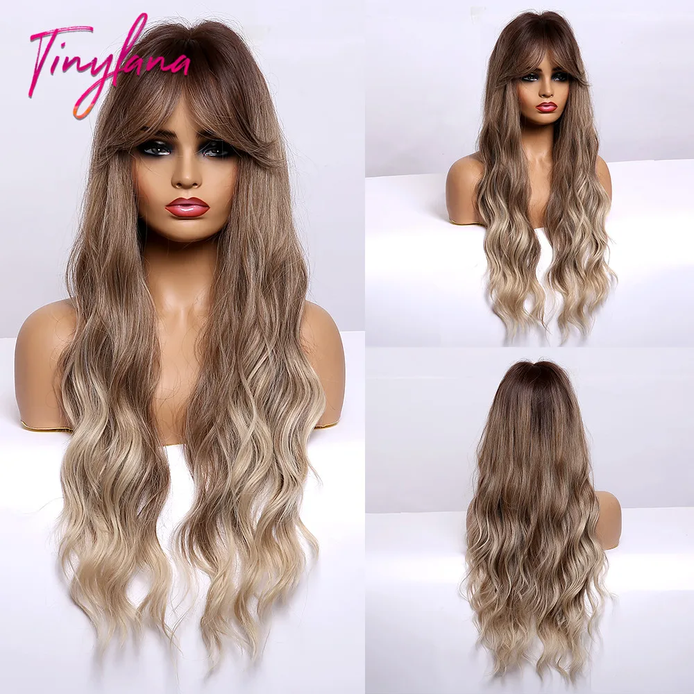 TINY LANA-Peluca de cabello sintético para mujer, cabellera artificial largo con flequillo, color marrón a rubio, resistente al calor, para Cosplay