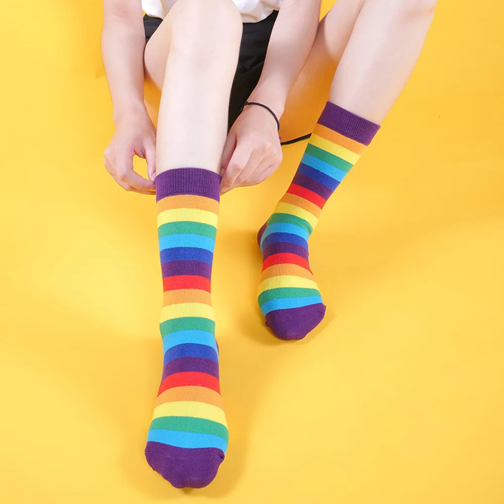 

Rainbow stripe fashion street trend candy colored mid-tube Cotton Fresh Striped socks