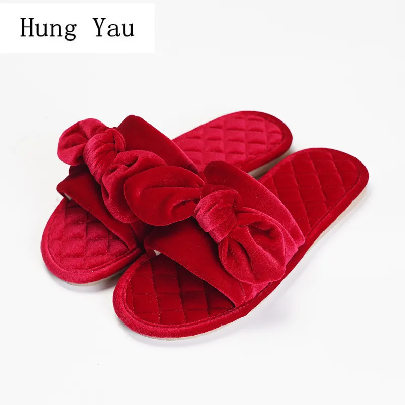 

Women Slippers Shoes Fashion Flock Solid Red Platform Butterfly-knot Autumn Male Slides Non-slip Flat Indoor Home Flips Flops