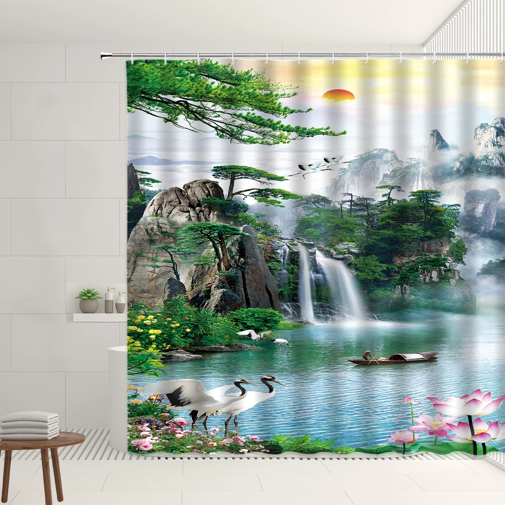 

Waterfall Landscape Shower Curtain Chinese Scenery Forest Green Plant Crane Home Bathroom polyester Decor Screens Set Washable