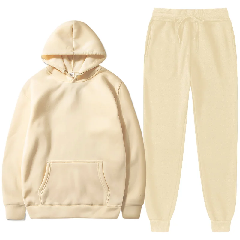 

Мужской и Женский повседневный комплект из двух предметов, однотонная флисовая толстовка с капюшоном и штаны, спортивный костюм для мужчин ...