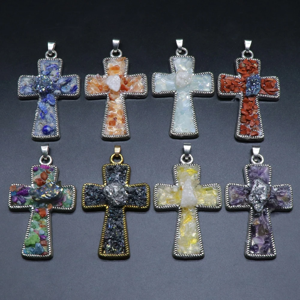 

Best Selling Natural Semi-precious Stones Pendant Necklace Colorful Crystal Stone Cross Jewelry Size 43x60mm Chain Length 45cm
