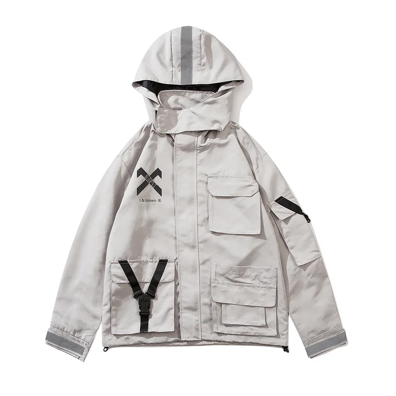 

SEVEYFAN 2021 Men's Functional Jackets Multi Pockets Reflective Hooded Jackets Couples Oversize Cotton Coat