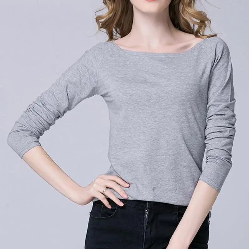 Осенние модальные футболки с длинными рукавами однотонного цвета универсальные