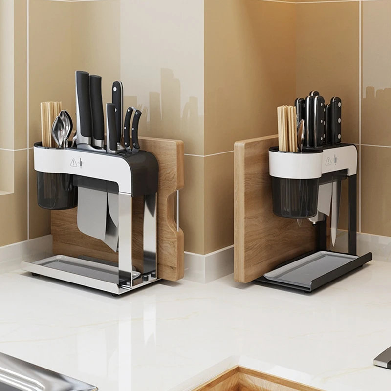 

Knife And Cutting Board Holder With Utensil Caddy And Drainboard, Knife Block Without Knives For Kitchen Counter