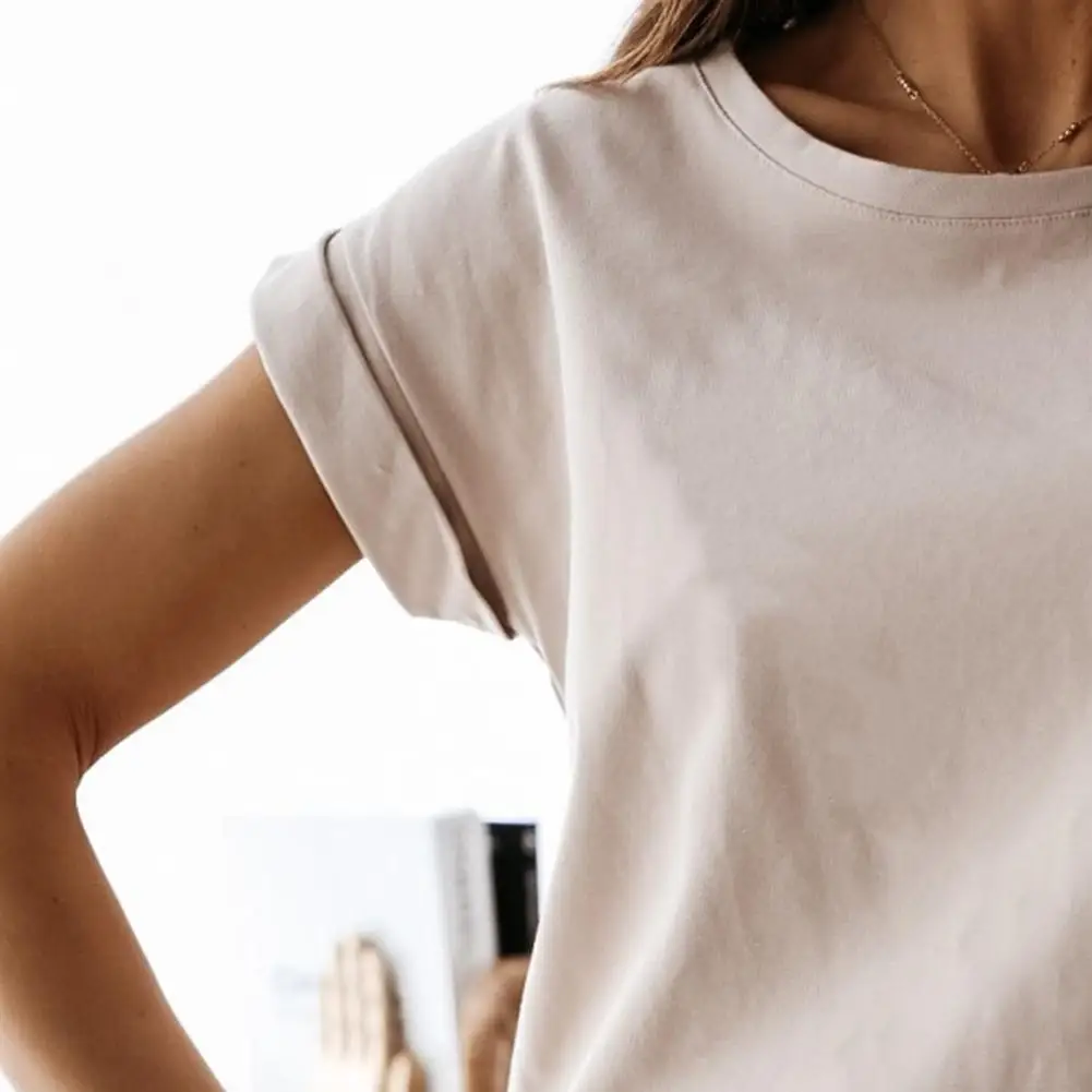 

Solid Color Women Breathable Round Neck Short Sleeve Loose T-shirt Top Blouse