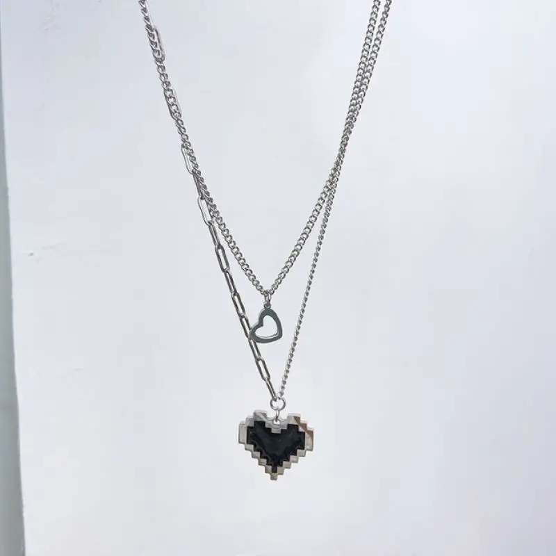 Black Mosaic Love Pixel Peach Heart Double Layer Necklace
