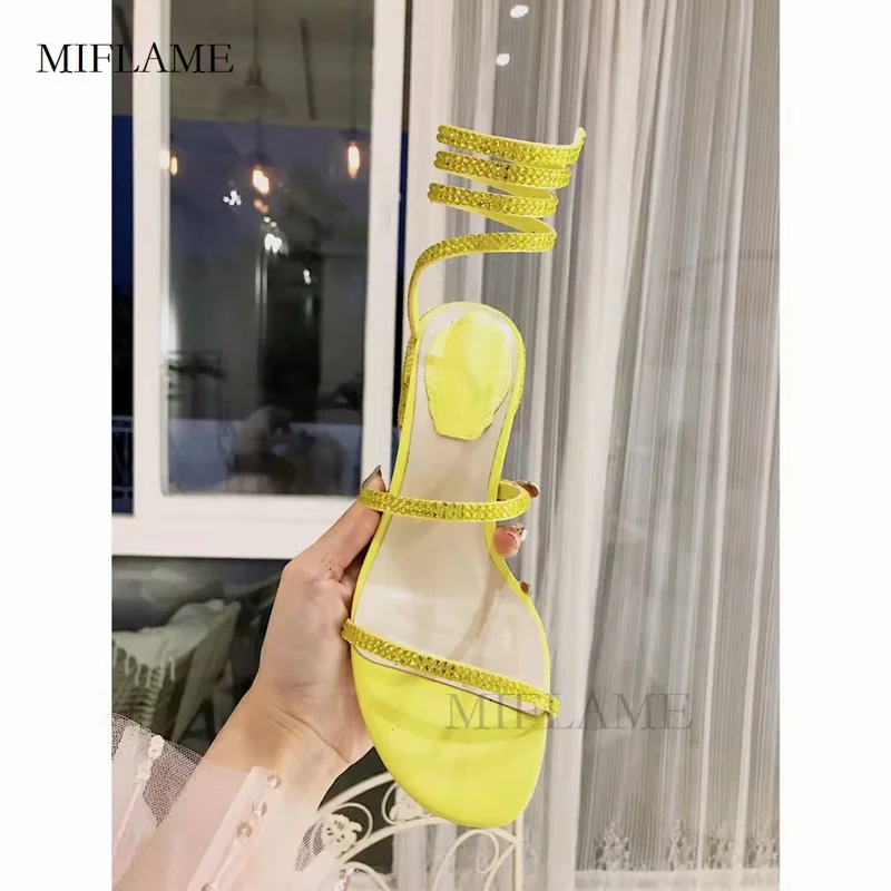 

2021 Sexy Snake Shape Entangled Mid-Calf Square Heel Sandals Summer Rhinestone Rivet Fairy Leather Sandals Party Casual Shoes