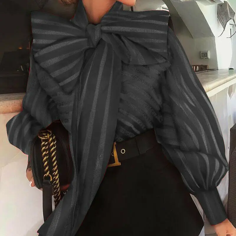 

2020 Women Mesh Shirt See Through Tops Casual Bowknot Collar Long Lantern Sleeve Striped Tops OL Blouse Formal Elegant Shirts
