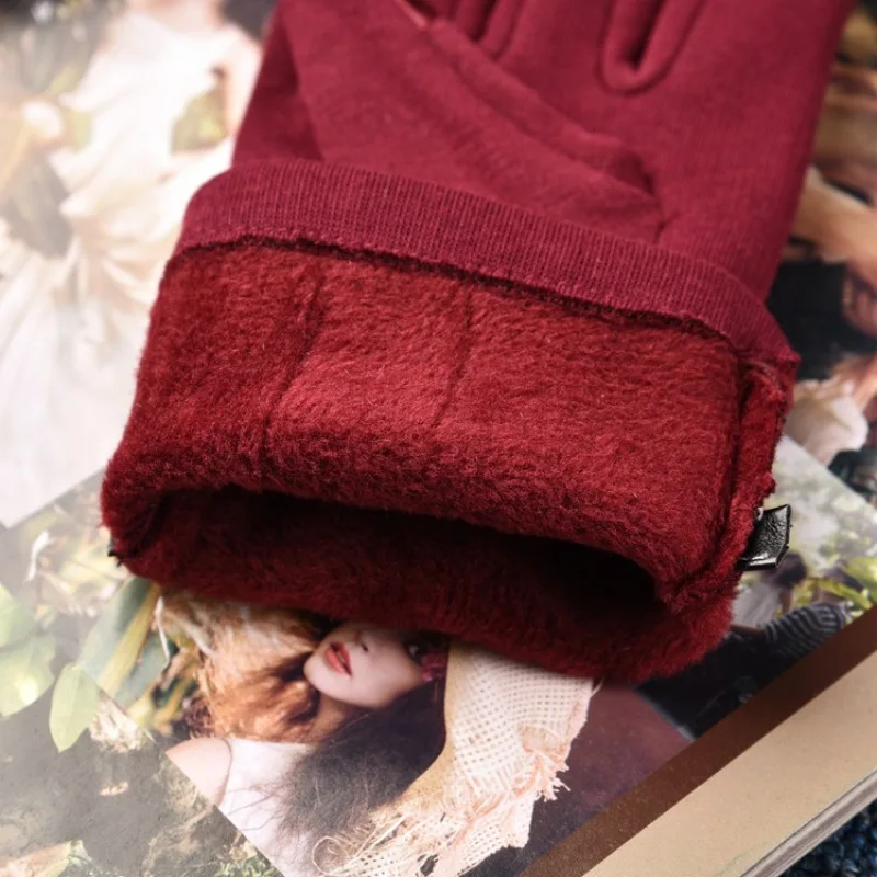 Women Autumn Winter Keep Warm Touch Screen Plus Velvet Inside Cycling Windproof Elasticity Gloves Female Simple Style Soft Thick