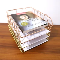 nordic magazine newspaper organizer metal stackable storage basket frame rack office desktop rose gold a4 paper finishing basket