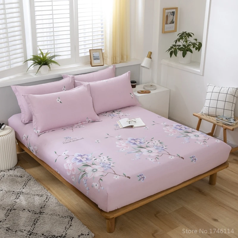 

1pc 100% Cotton Fitted Sheet Flower Geometry Printed Bed Sheet Soft Comfortable Mattress Cover with Elastic for Kids Adults