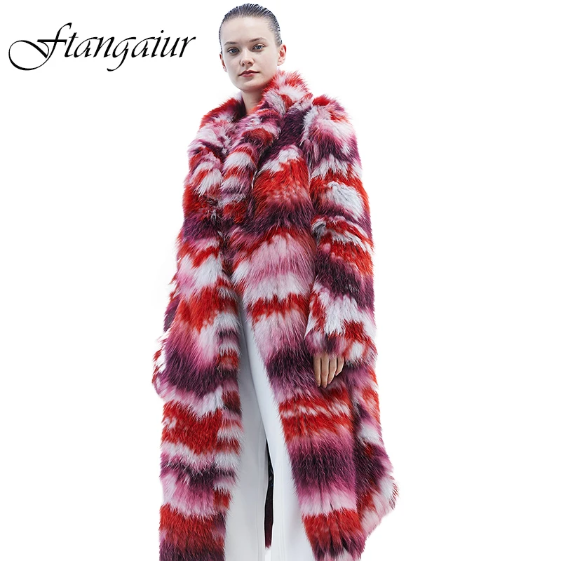 

Ftangaiur New Winter Import Fox Fur Coat Colorful Contrast Color Female Weave Fox Coats X-Long Natural Fur Loss Fox Fur Coats