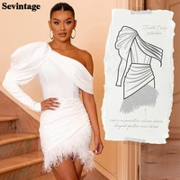 sevintage white one shoulder mini prom party dresses satin feather above knee formal night club outfits women evening gowns 2022