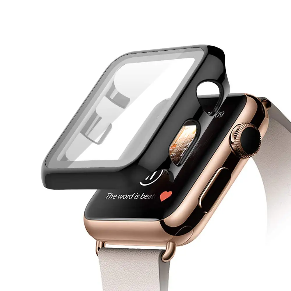 Black Защитный чехол для apple watch 44 мм 40 мм iWatch 5 4 3 2 1 42 мм 38 мм закаленное стекло+ чехол бампер аксессуары для apple watch - Цвет: Black