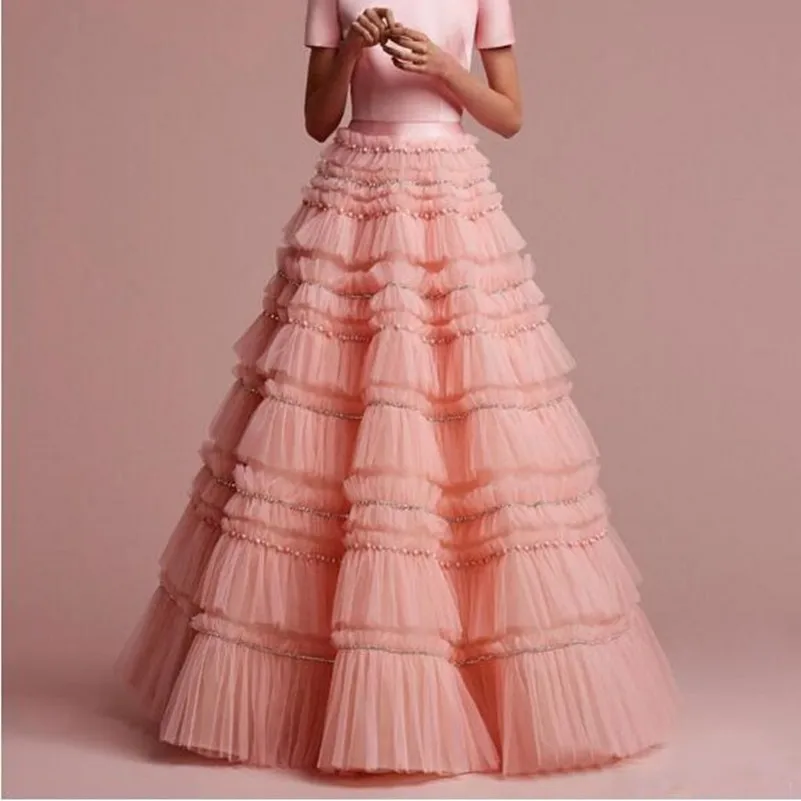 Розовая многоярусная юбка из тюля расшитая бисером пышное с