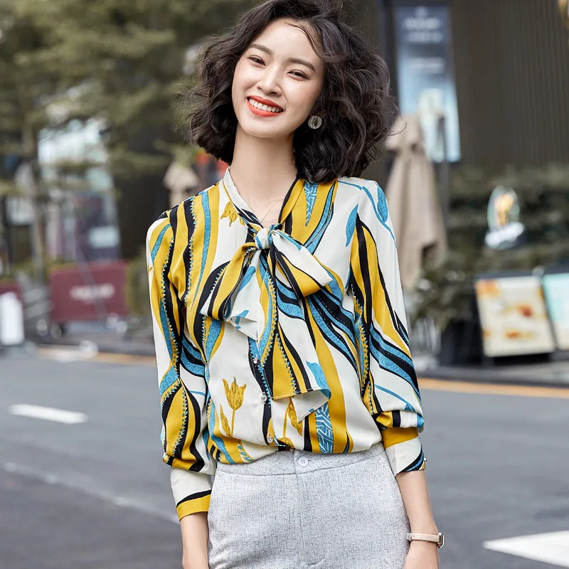 

IZICFLY Fall Spring Yellow Print Floral Long Sleeve Shirt Women Fashion Plus Size Tops Korean Slim Office Bow Elegant Blouse