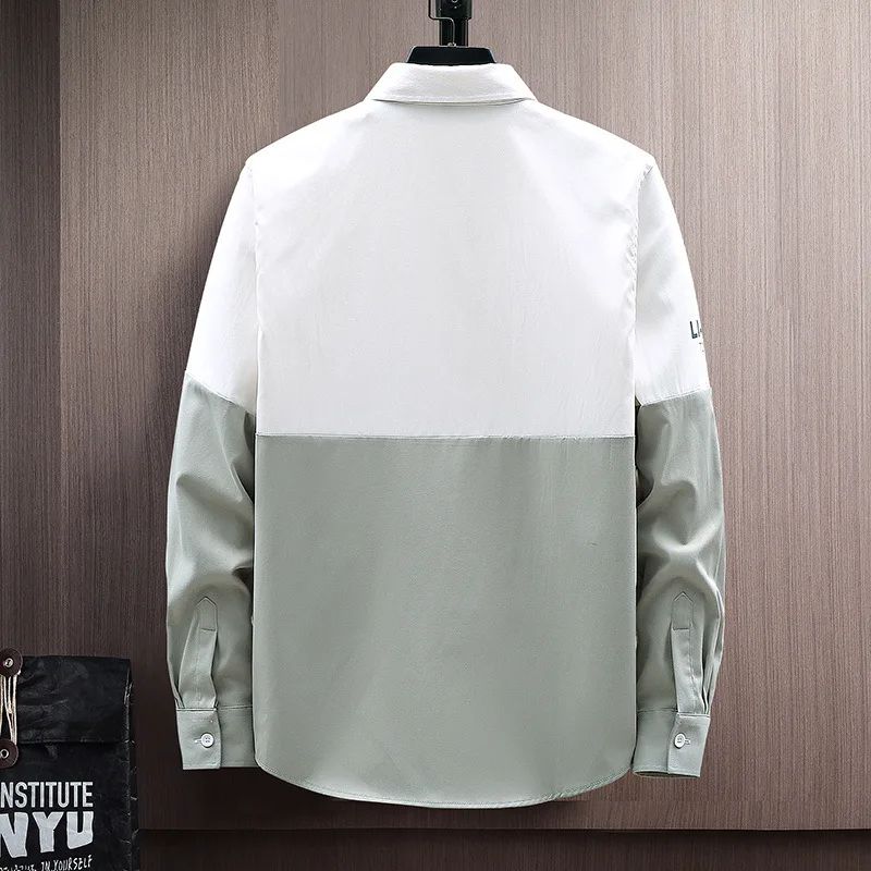 

2021 spring brand new men's color matching shirt fashion youth Long Sleeve Shirt Men's slim inch shirt