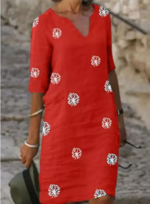 

New Style Elegant Women Linen Cotton Dress V-Neck Half Sleeve A-Line Dresses Female Vintage Button Loose Dress Vestidos
