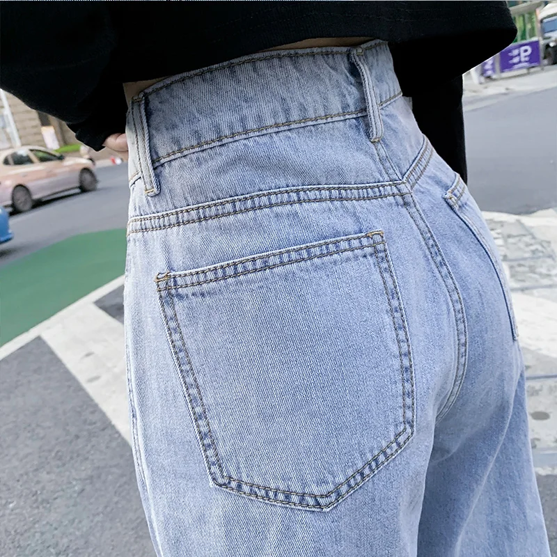 

TongSiHai Jeans Women High Waist Ripped Straight Wide Leg Denim Pants Girls Students Summer Loose Cotton Vaqueros Mujer