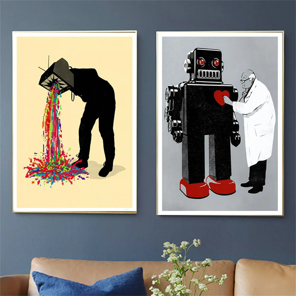 

Funny Canvas Painting The old doctor and the caring robot Posters and Prints Cartoon Picture For Living Kids Room Home Decor