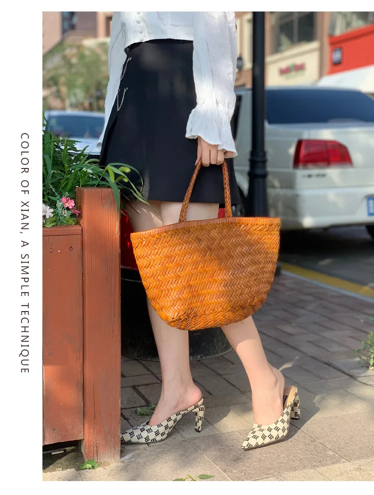 Пляжная сумка ручной работы плетеная Сумка из натуральной кожи Женская круглая