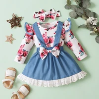 baywell 3pcsset infant newborn baby girl clothes set ruffled sleeve floral print romper suspender denim skirt with headband