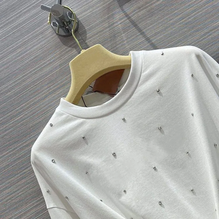 

Luxury Diamond 3 Color Tops for Women Lace Up Hem Long Sleeve T-shirts Top Quality 3D Cut O-neck Cotton Tshirts Lady Winter 2021