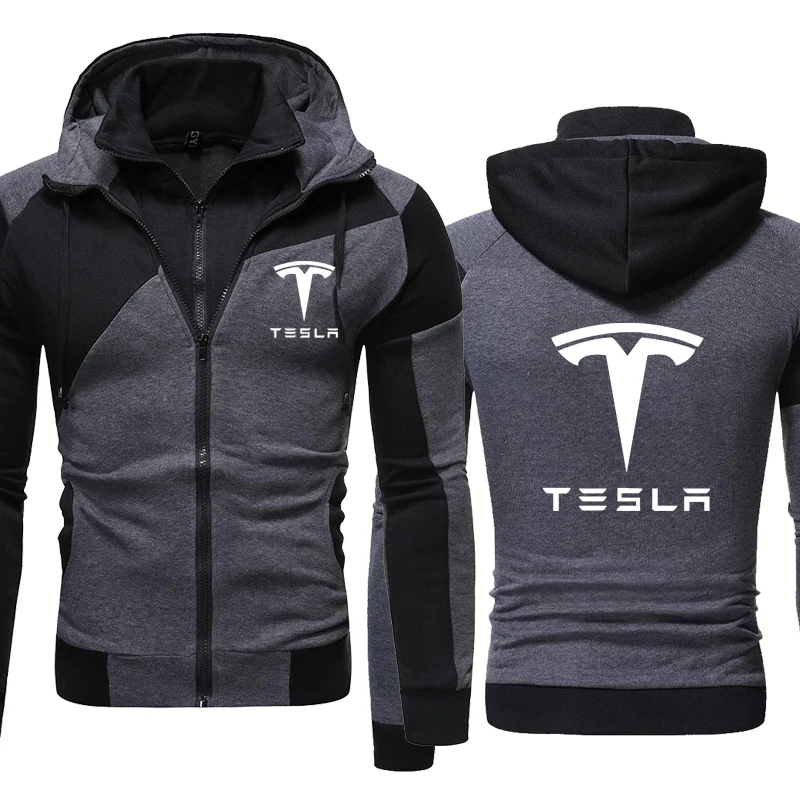 

Куртка мужская с капюшоном на молнии, модная повседневная теплая хлопковая куртка с принтом логотипа автомобиля Тесла, двойка-обманка, весн...