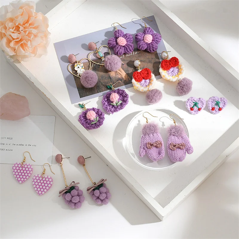 

2021 New Korean Sweet Purple Handwork Wool Knitting Dangling Earrings Women Fashion Accessories Trends 2021 Style Jewelery