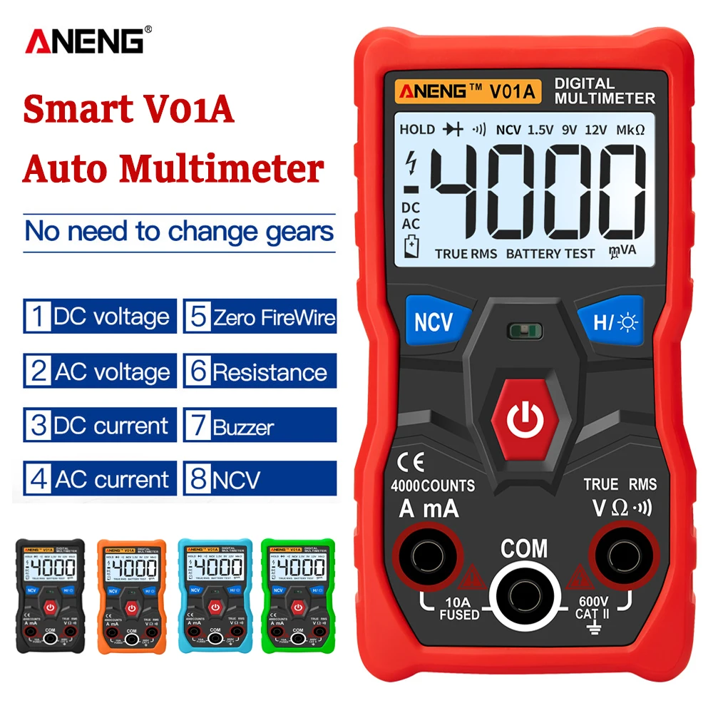 

V01A Smart Digital Multimeter TesterAutomatic True-RMS Intelligent NCV 4000 Counts AC/DC Voltage Current Ohm Meter Test