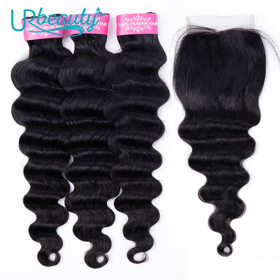 

UR Beauty Hair Loose Deep Wave Bundles With Closure 8"-26" M Brazilian Non-Remy Hair Nature Color 100% Human Hair
