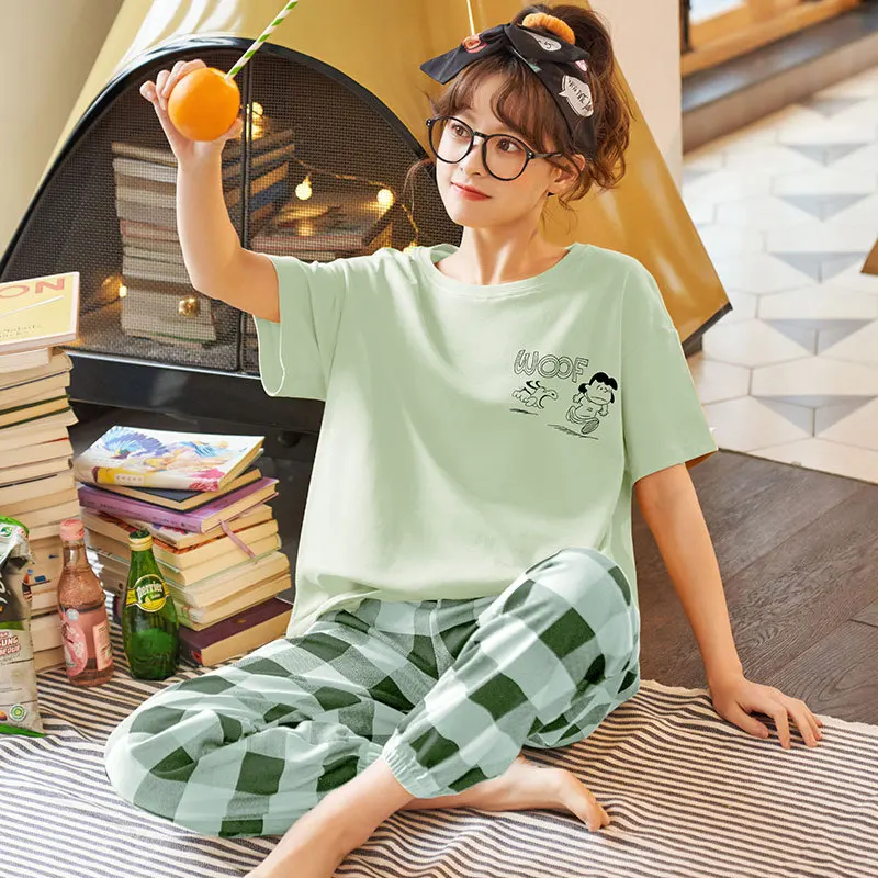 

Plus Size Pajamas 2021 New Cute Cartton Cotton Pijamas Women's Short-Sleeved Trousers Sleepwear Two-Piece Girl Thin Home Clothes