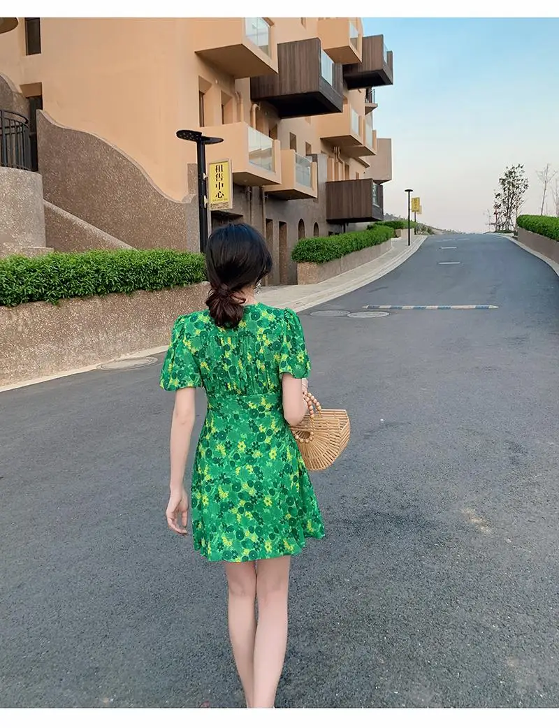 

Summer Women Print V Neck Short Sleeve High Waist Female Mini Green Casual Beach Dress Vestidos 2021