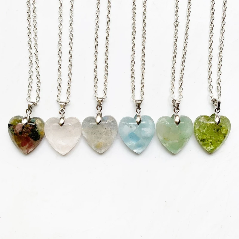 

Faceted Natural Stone Heart Pendant Chips Crystal Resin Orgone Energy Necklace Aquamarine Olivine Moonstone Rose Quartz 1pc