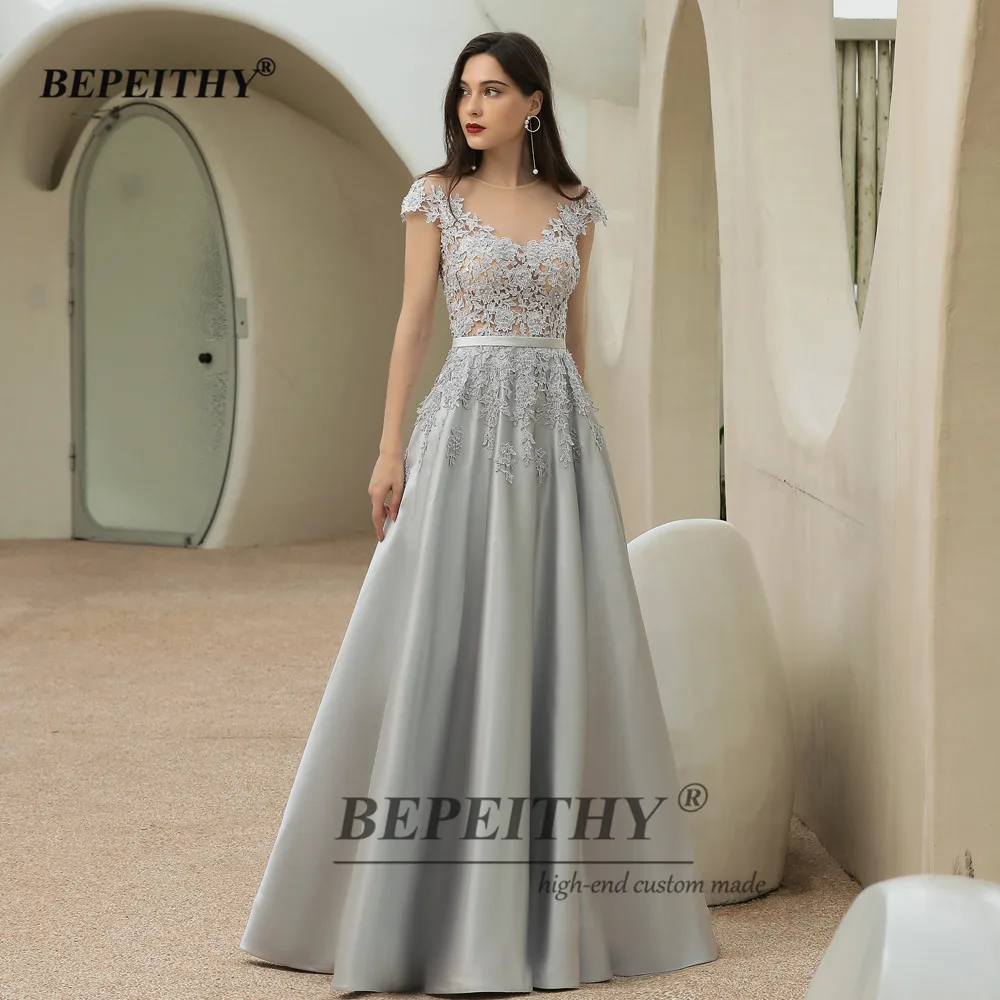 

BEPEITHY A-Line Sliver Long Evening Dresses Cap Sleeves Floor Length See Through Top Vintage Prom Gown Party Lace For Women 2021