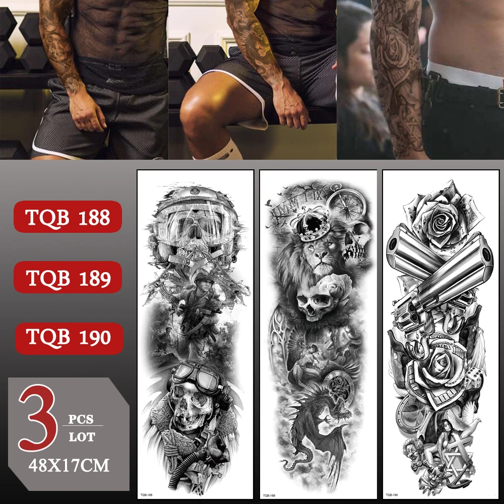 

3 pcs/lot Full Arm Waterproof Black Totem Skull Temporary Tattoo Sticker Large Arm Sleeve Fake Tattoos For Men Women Stickers