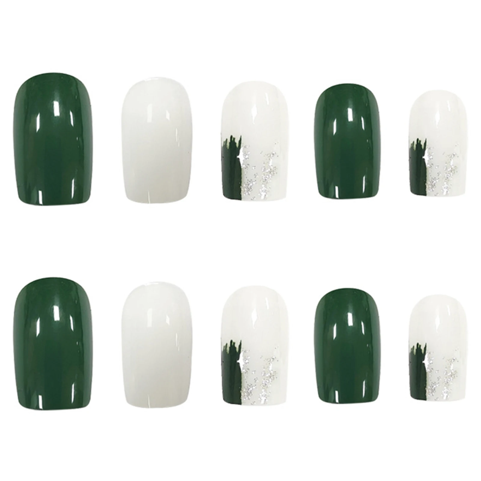 

24pcs Green and White Wear Long Paragraph Fashion Manicure Patch False Nails Save Time Wearable Nail Patch