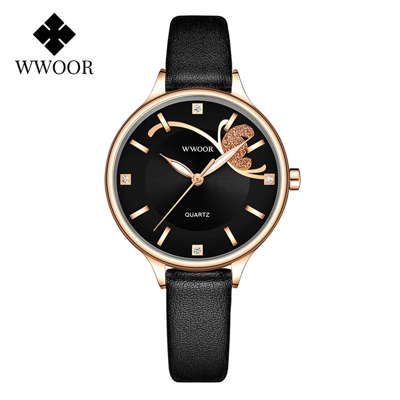 

2021 New Watch Women WWOOR Top Brand Luxury Diamond Women Black Leather Watches Ladies Fashion Sport Clock Gift Relogio Feminino