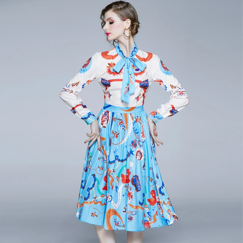 

DROWYD Pleated Midi Dress Queen 2019 Casual Women Fashion Boho Blue Floral Long-sleeve Dress Elegant Club Party Dresses Vestidos