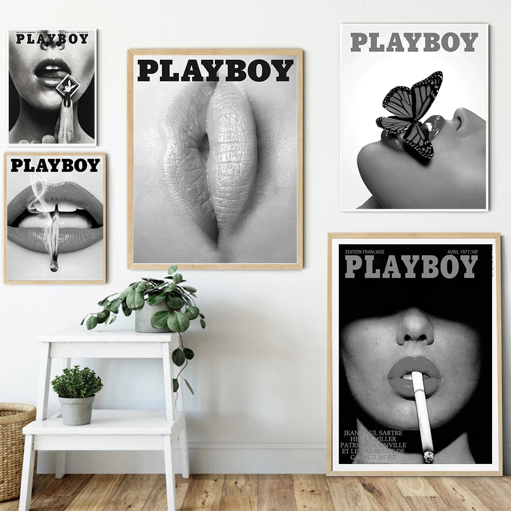

Vogues Sexy Lip Playboy Posters And Prints Fashion Black White Lady Smoking Canvas Painting Wall Pictures Living Room Home Decor