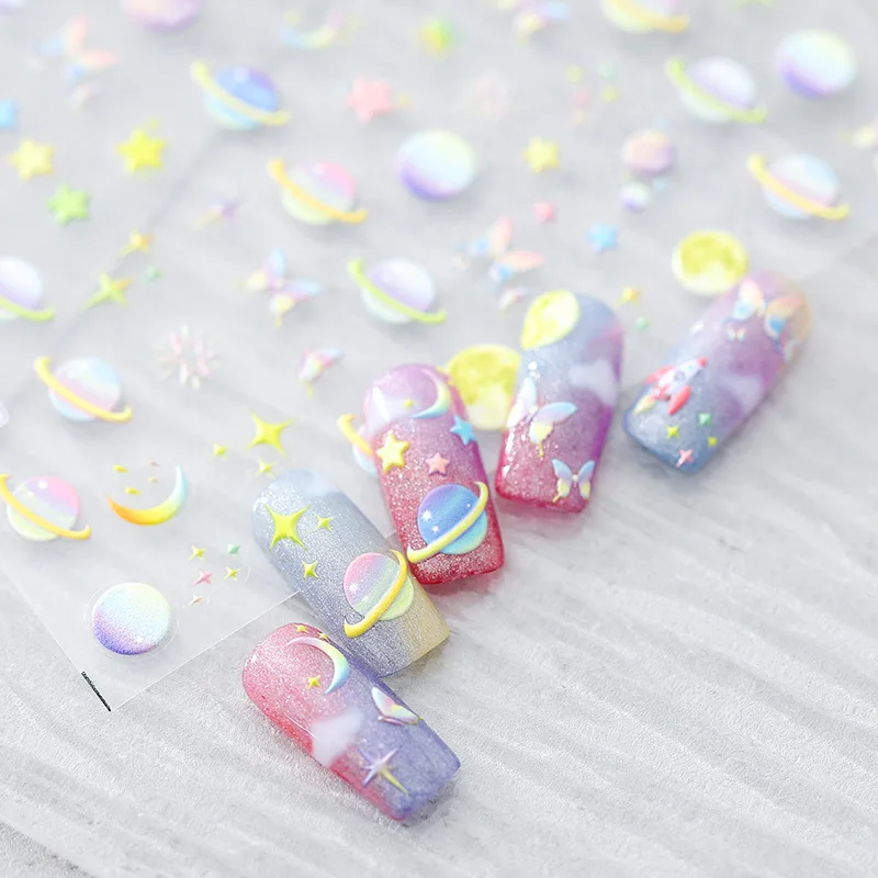 

Ultra-thin Three-dimensional High Quality 5D Relief Crystal Planet Embossed Thin Tough Nail Stickers Adhesive Nail Stickers