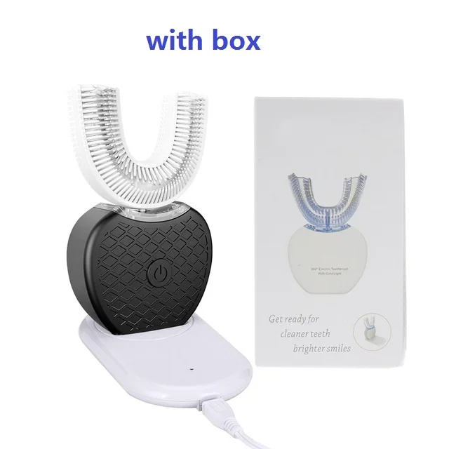 black with box Новинка 360 градусов интеллектуальная автоматическая звуковая электрическая зубная щетка USB перезаряжаемая ультра звуковая u-форма 4 режима таймер синий свет - Цвет: black with box