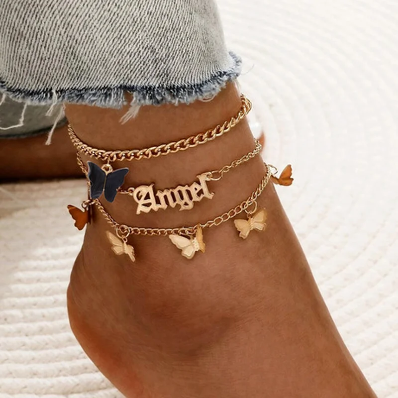 

3pcs/set Bohemian Multilayer Butterfly Anklets Letter Fairy Acrylic Alloy Anklet For Women Fashion Foot Chain Bracelet Jewelry