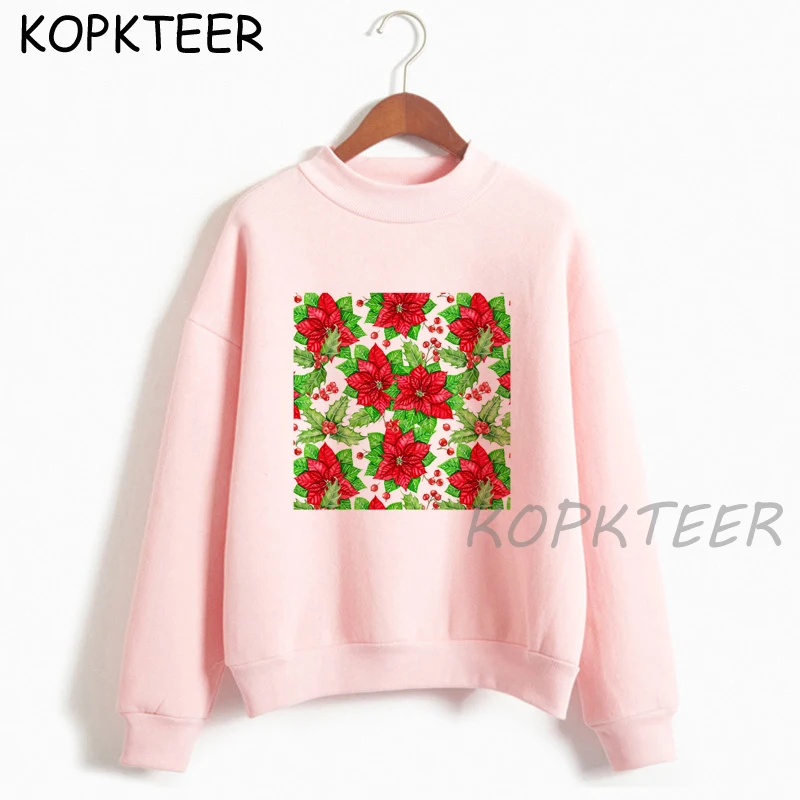 

Christmas Gift Hoodie Harajuku Pink White Pullovers Lovely Flowers Kawaii Casual Tops Women's Hooded Sweatshirt Long Sleeves