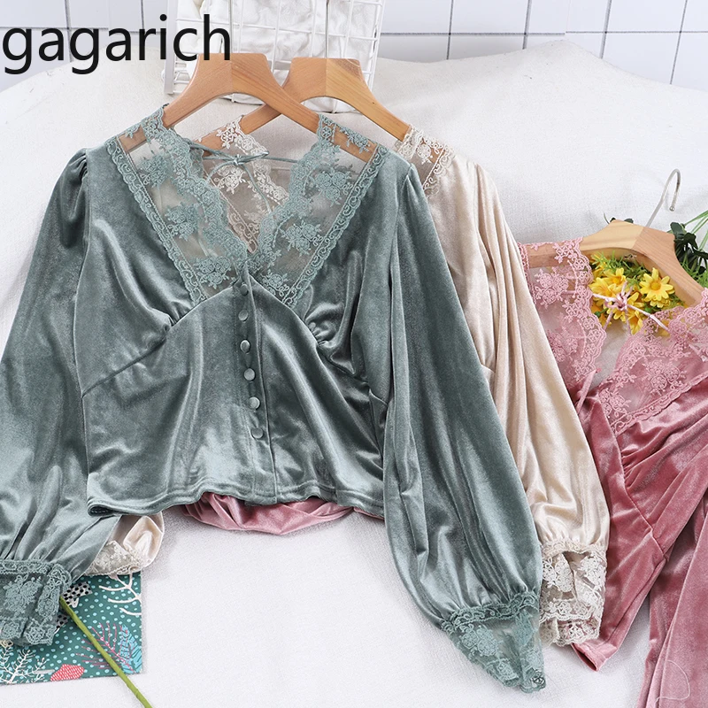 Женская бархатная блузка Gagarich винтажная элегантная кружевная с V-образным
